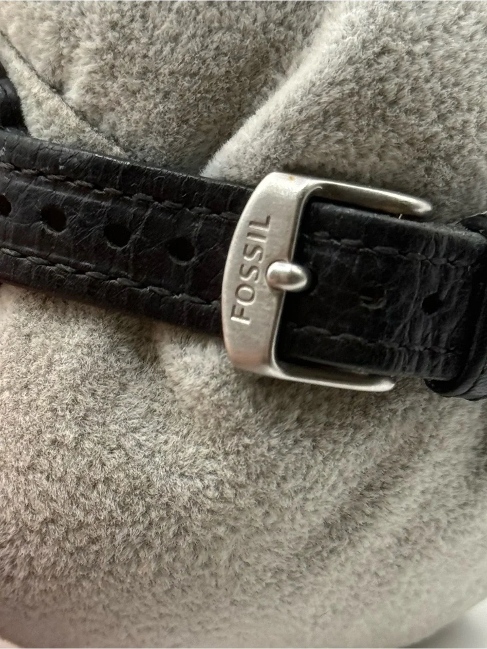 Fossil Black Leather Strap Silver Crystal-Trim Watch